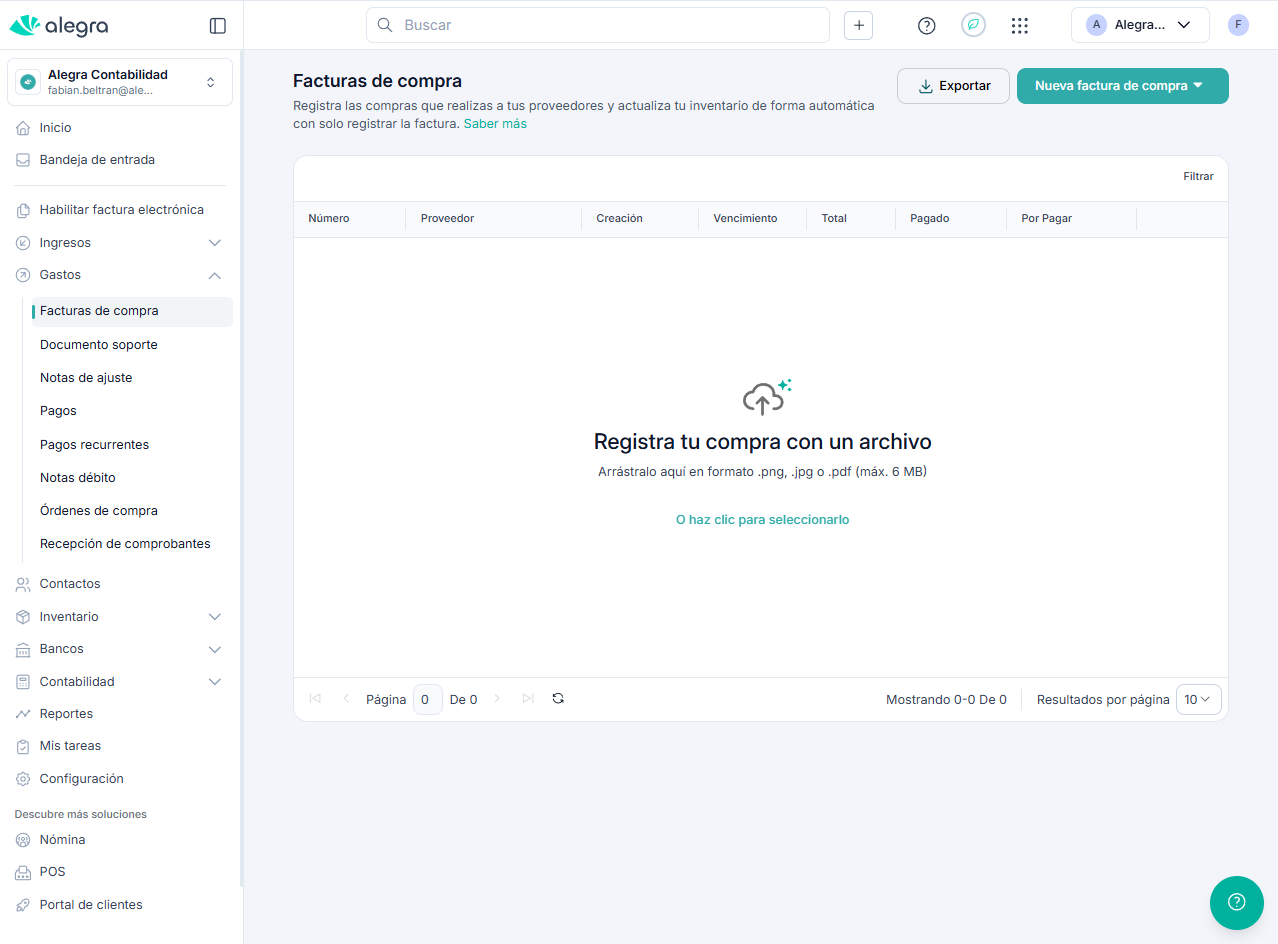 Vista principal con tabla y área de carga