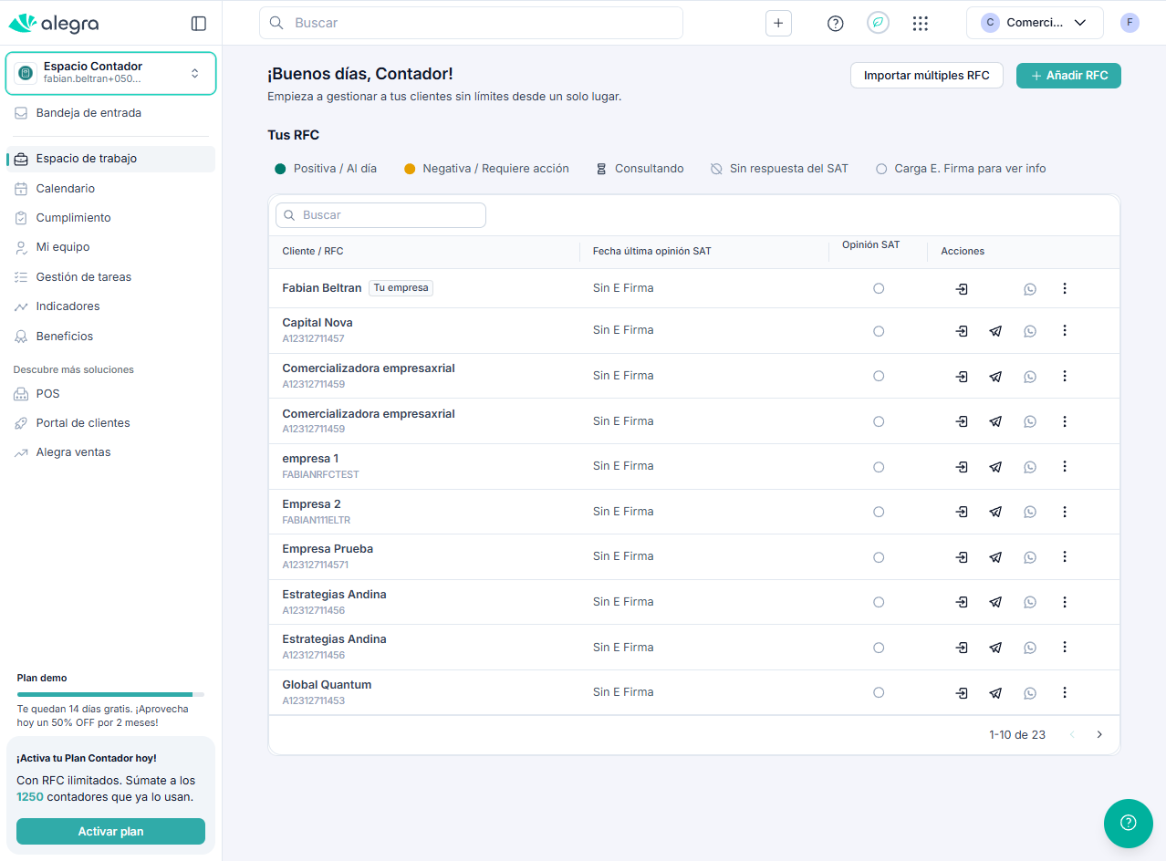 Vista principal de la tabla de cumplimiento fiscal