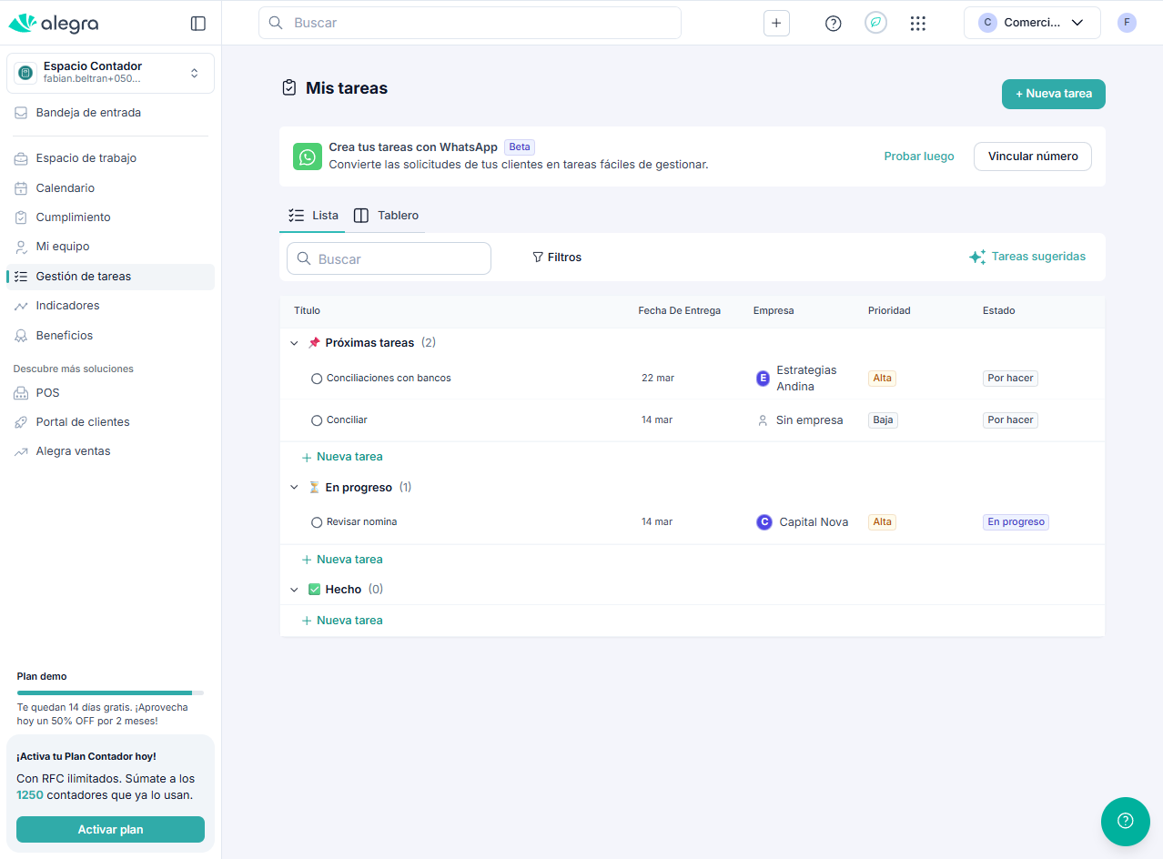 Vista de la tabla de tareas