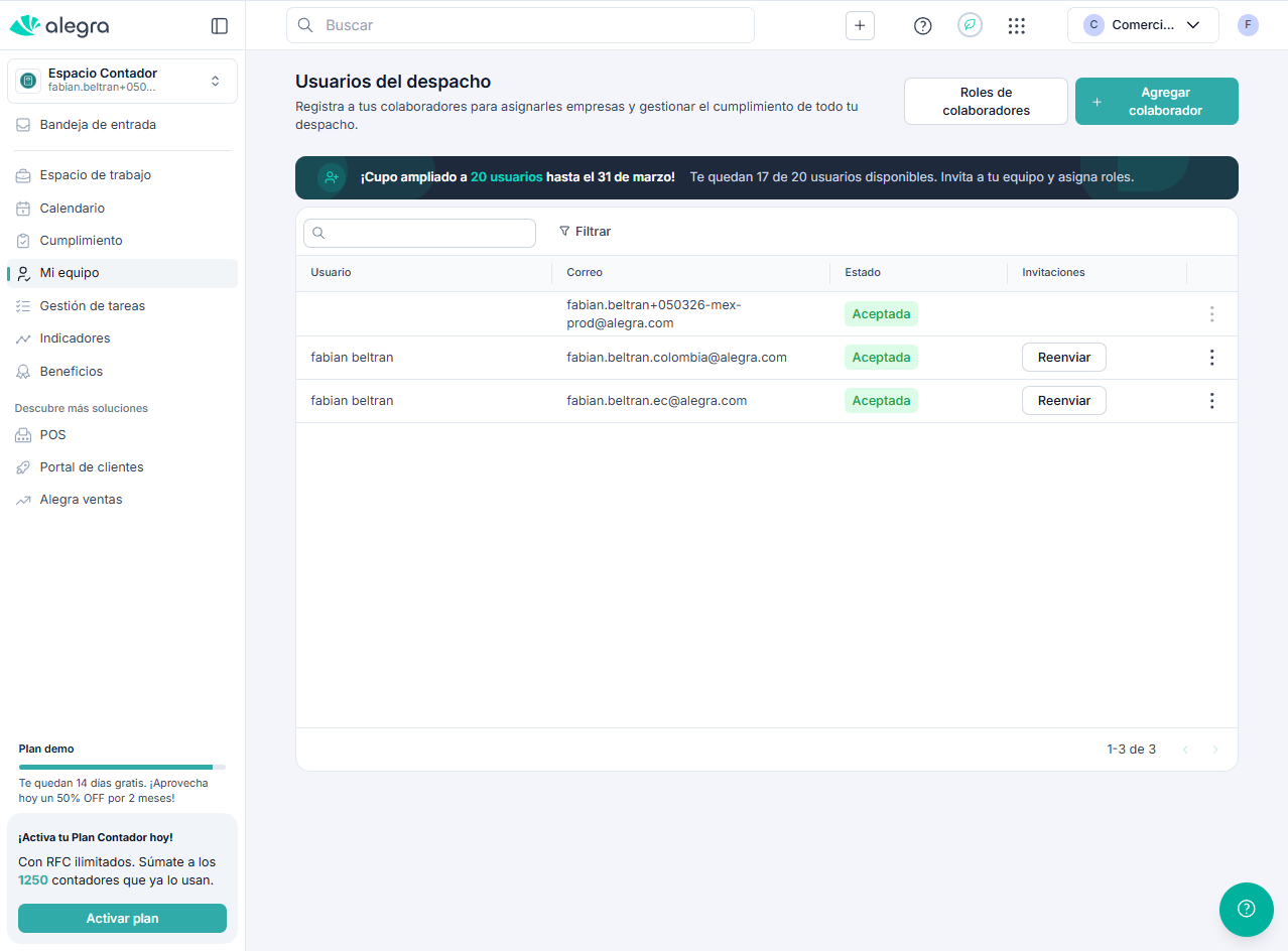Vista de la tabla de colaboradores
