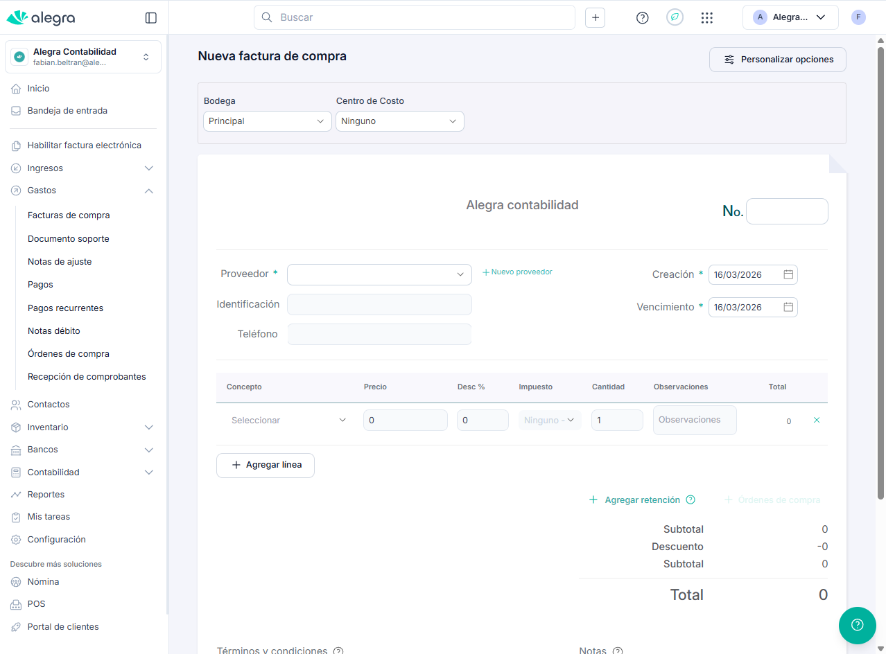 Formulario de creación de factura