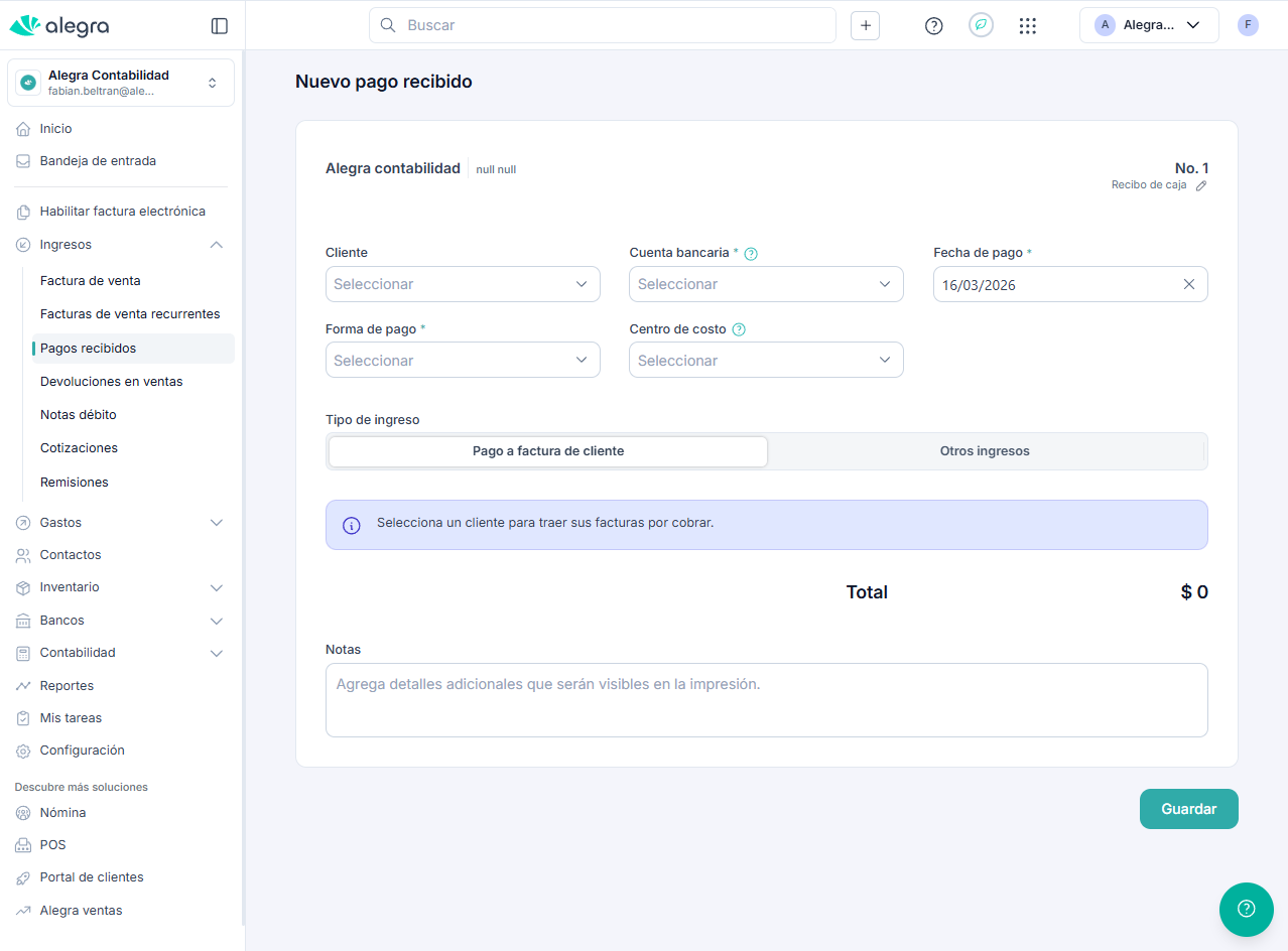 Formulario para registrar un nuevo pago recibido