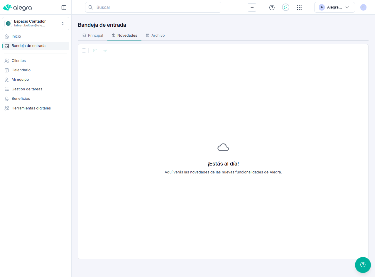 Vista de la Bandeja de entrada — Sección de novedades vacío