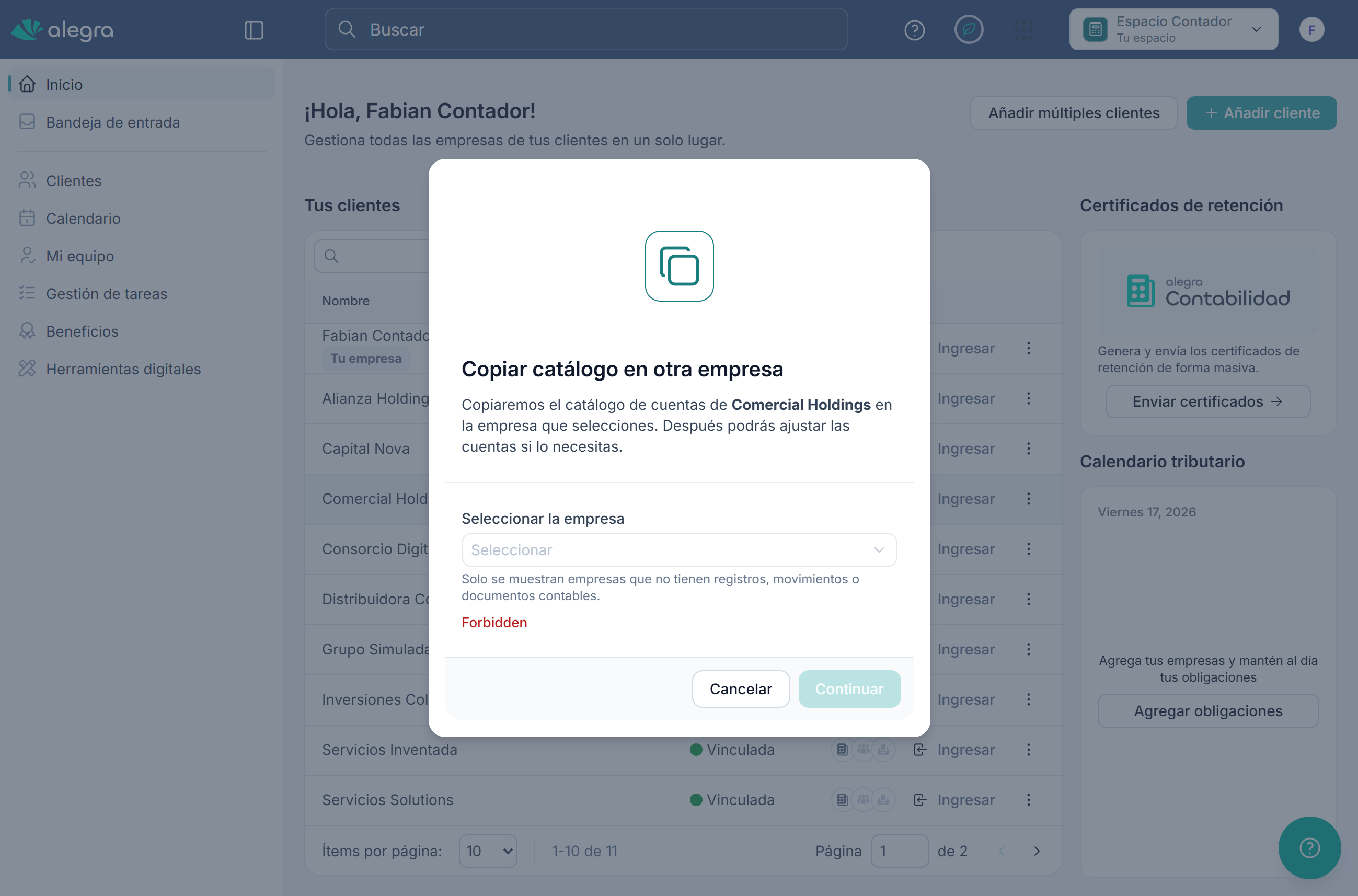 Modal de Copiar catálogo en otra empresa
