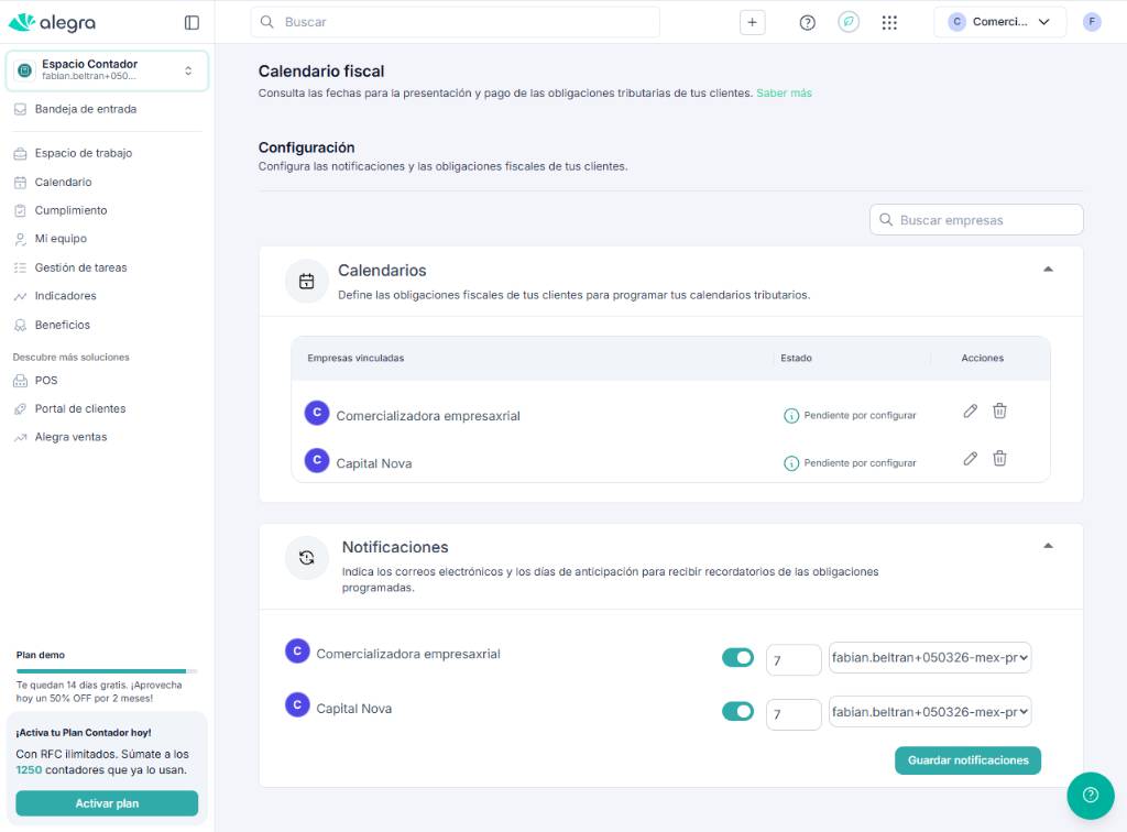 Tabla de calendarios con empresas vinculadas