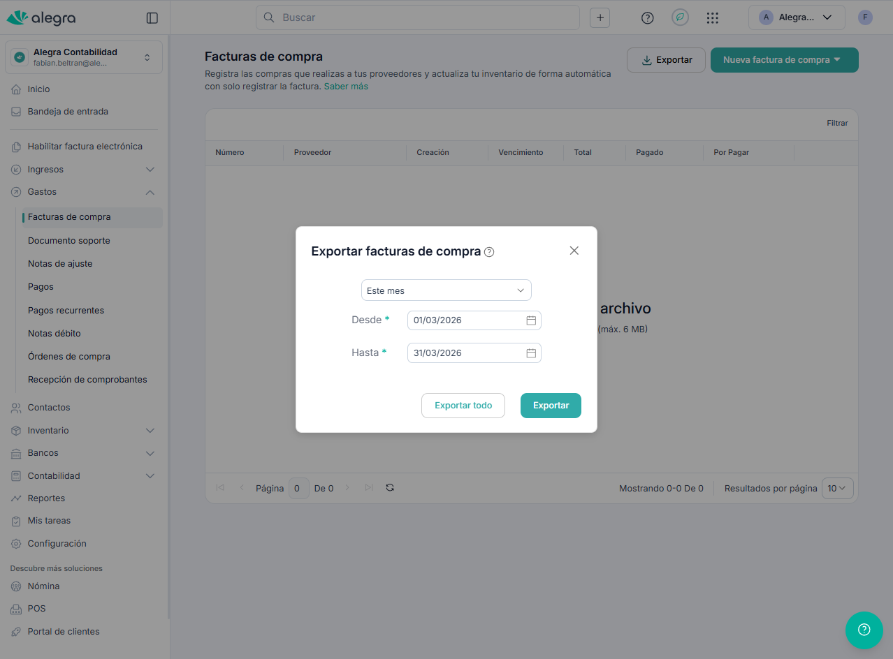 Modal de exportación de facturas