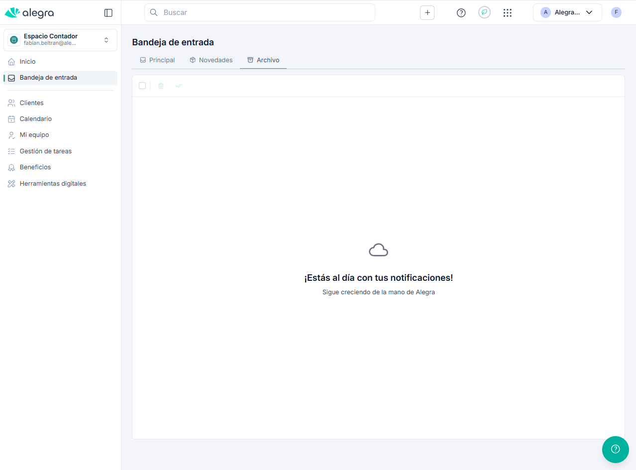 Vista de la Bandeja de entrada — Sección de notificaciones vacío