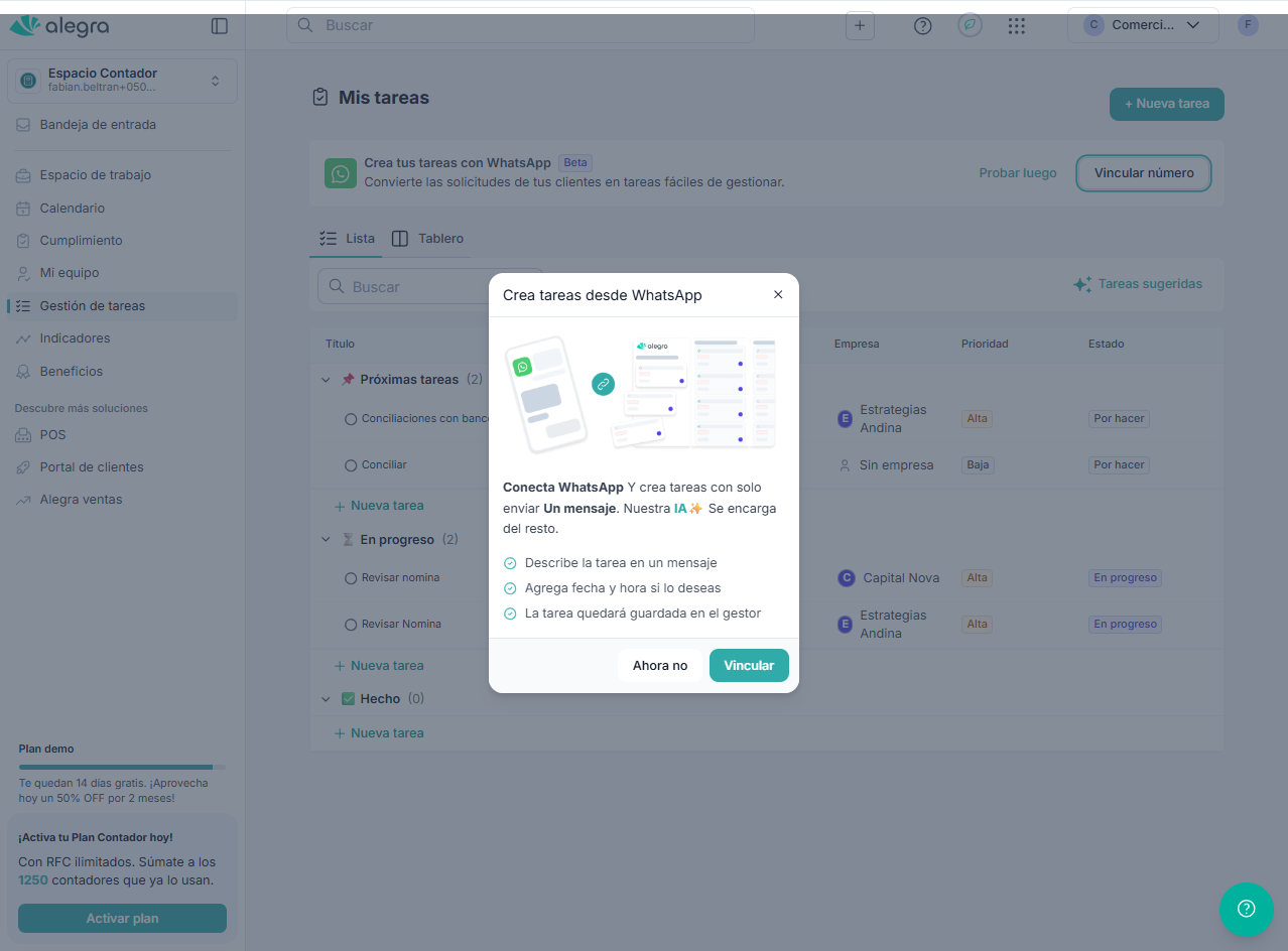 Sección de creación de tareas desde WhatsApp