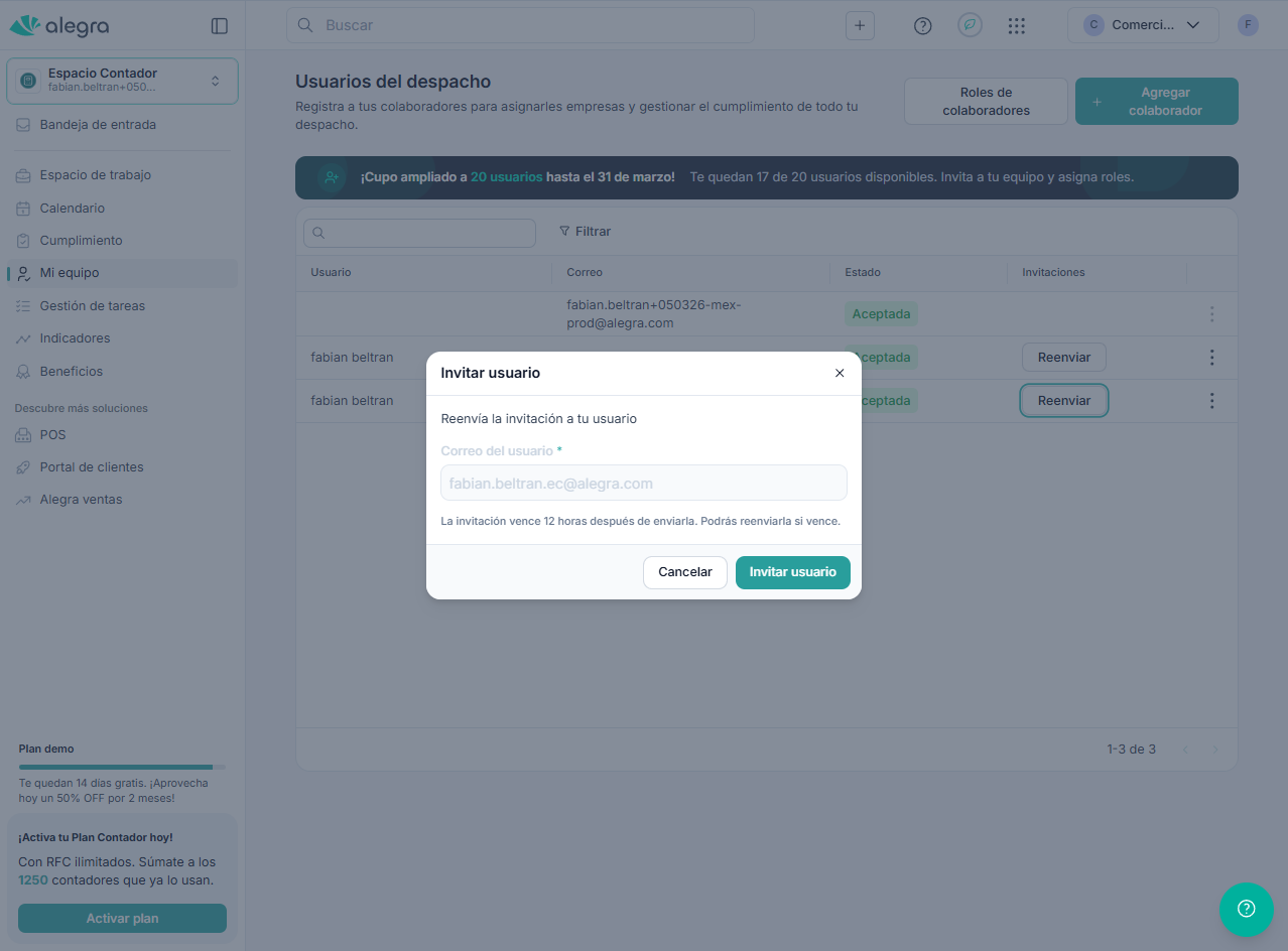 Formulario de invitación de usuario