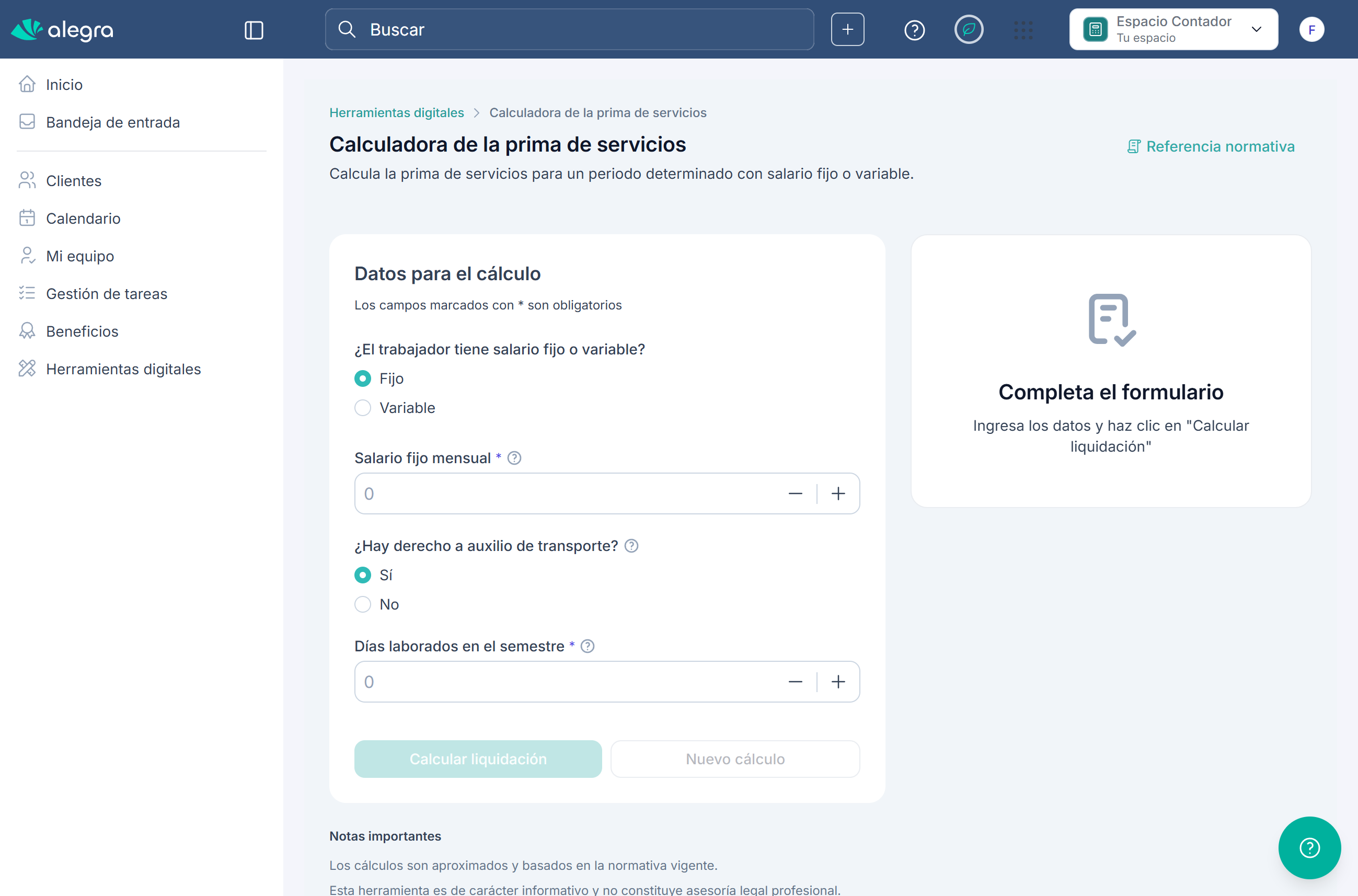 Formulario de la Calculadora de prima de servicios