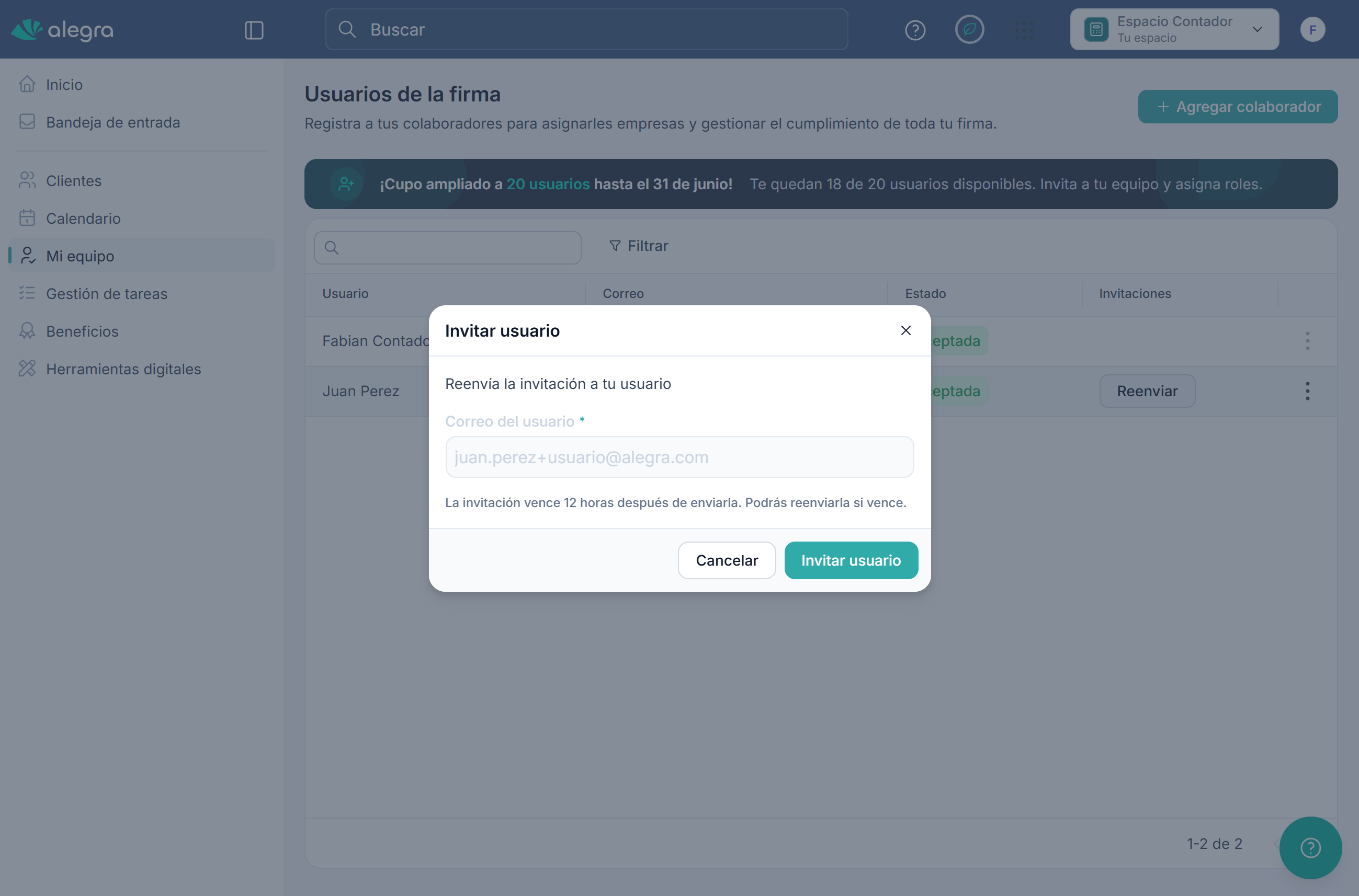 Modal para reenviar invitación a un usuario
