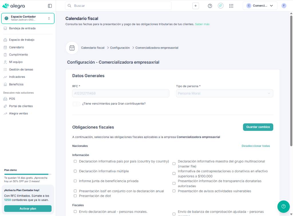 Configuración específica de obligaciones fiscales