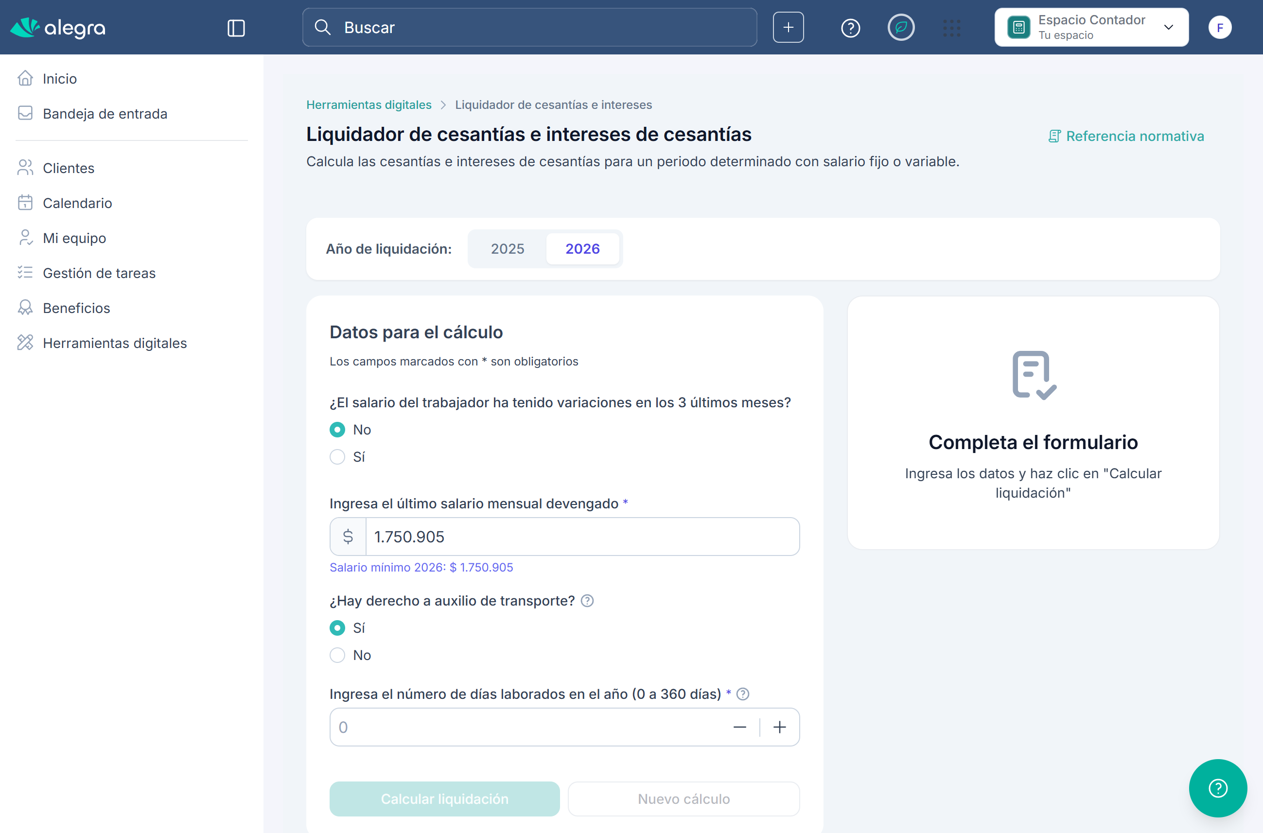 Formulario del Liquidador de cesantías e intereses de cesantías
