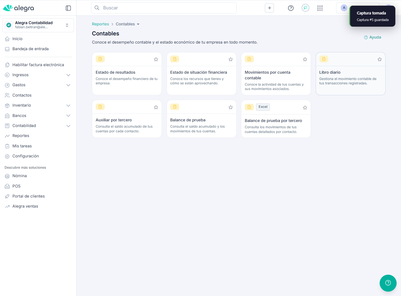Vista de tarjetas de informes contables