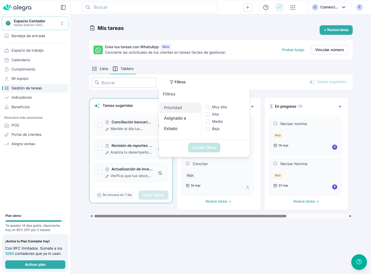 Sección de filtrado de tareas